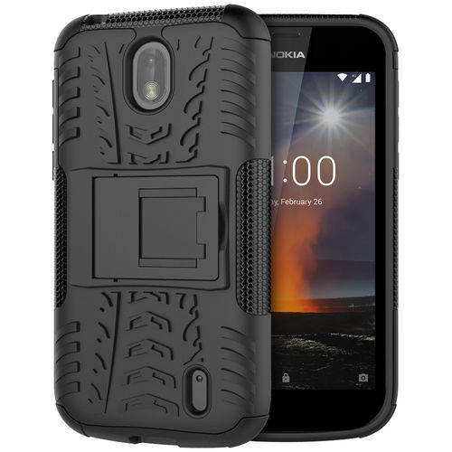 Dual Layer Rugged Tough Shockproof Case & Stand for Nokia 1 - Black